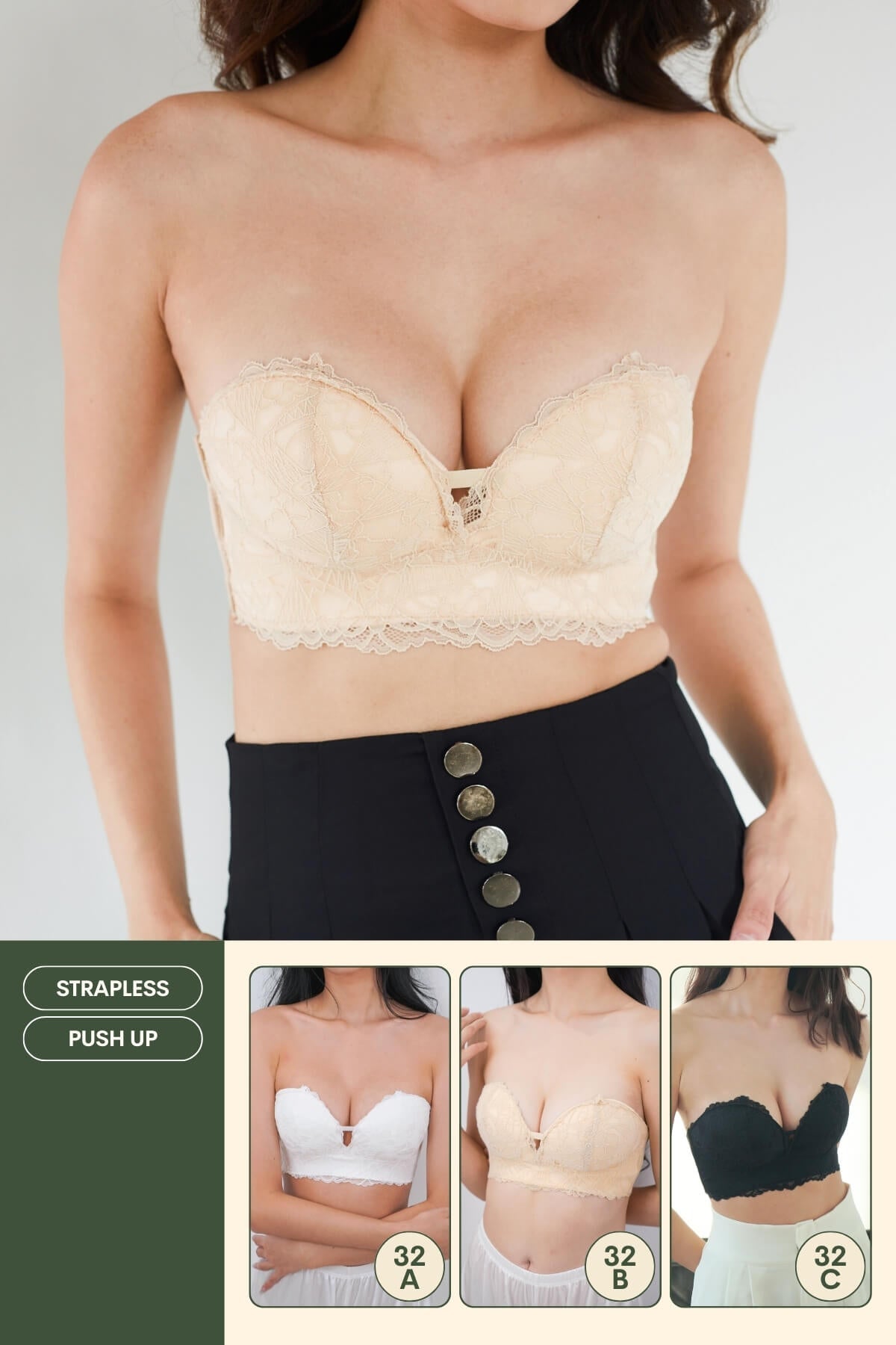 Lace Anti-Slip Push Up Strapless Bra In Blanched Almond - Adelais Official - Bra - Strapless & Push Up